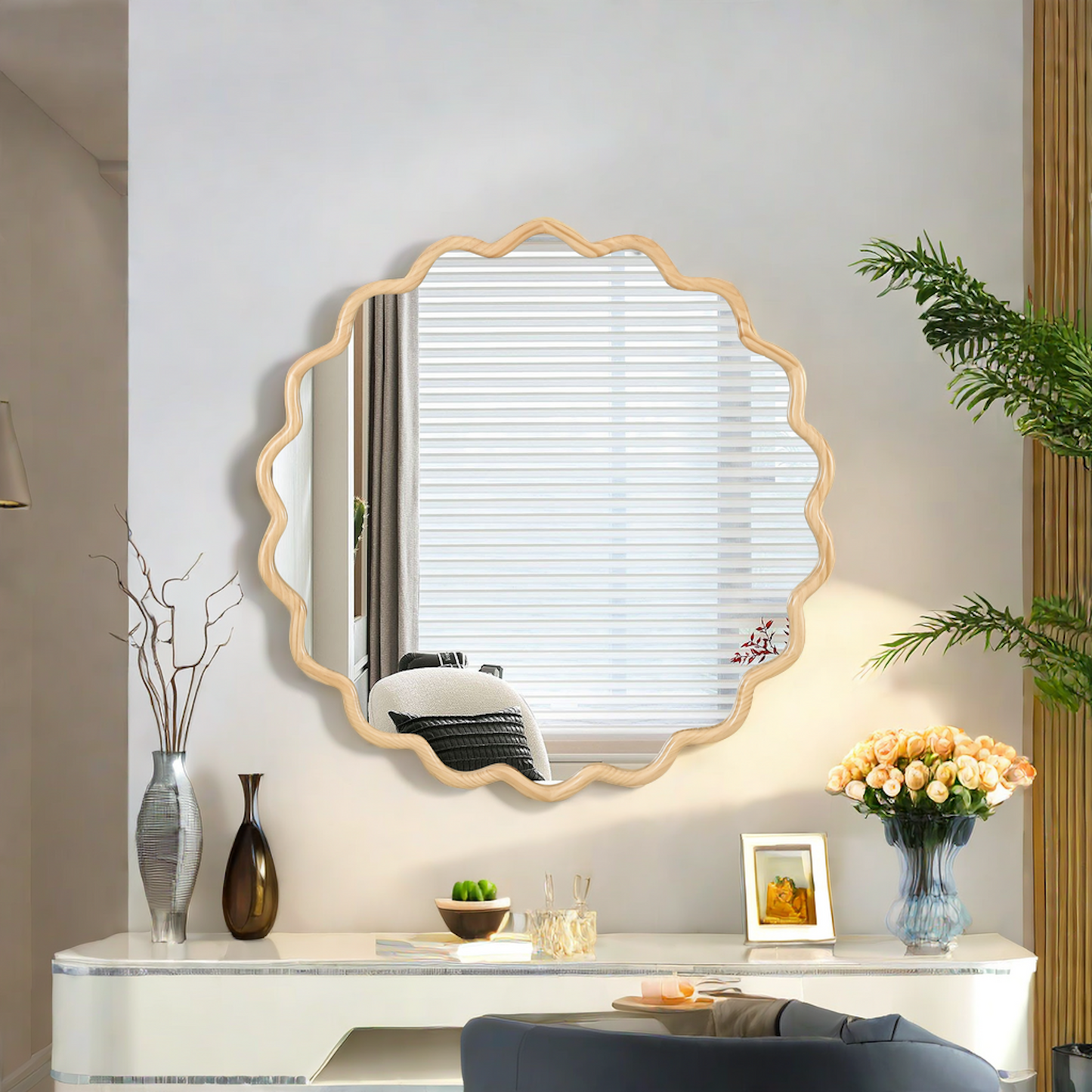 Wavy Wood Mirror - Natural Solid Wood Frame Wall Mirror