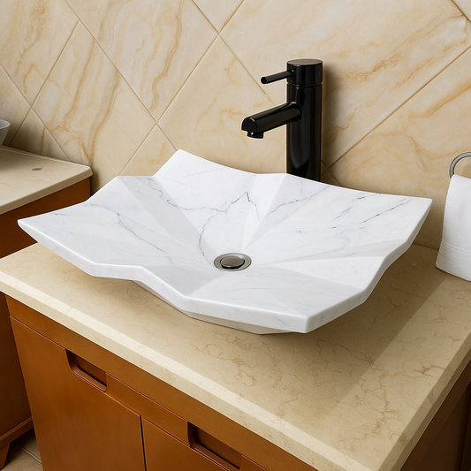 Luxury Marble Vessel Sink – Modern Geometric Stone Bathroom Basin, Hand-Carved Vanity Bowl 21.6"x17.7"x5.5" (55x45x14 cm)