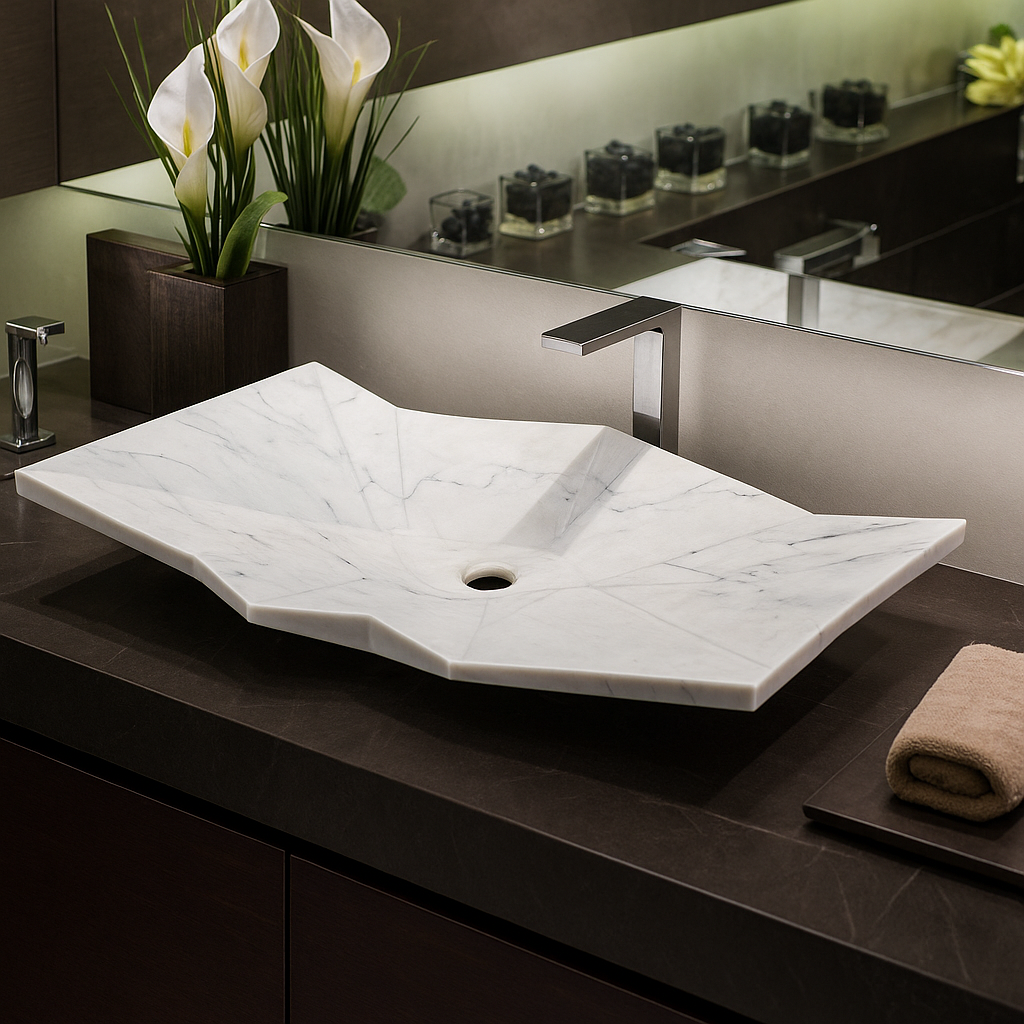 Luxury Marble Vessel Sink – Modern Geometric Stone Bathroom Basin, Hand-Carved Vanity Bowl 21.6"x17.7"x5.5" (55x45x14 cm)
