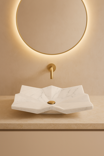 Luxury Marble Vessel Sink – Modern Geometric Stone Bathroom Basin, Hand-Carved Vanity Bowl 21.6"x17.7"x5.5" (55x45x14 cm)