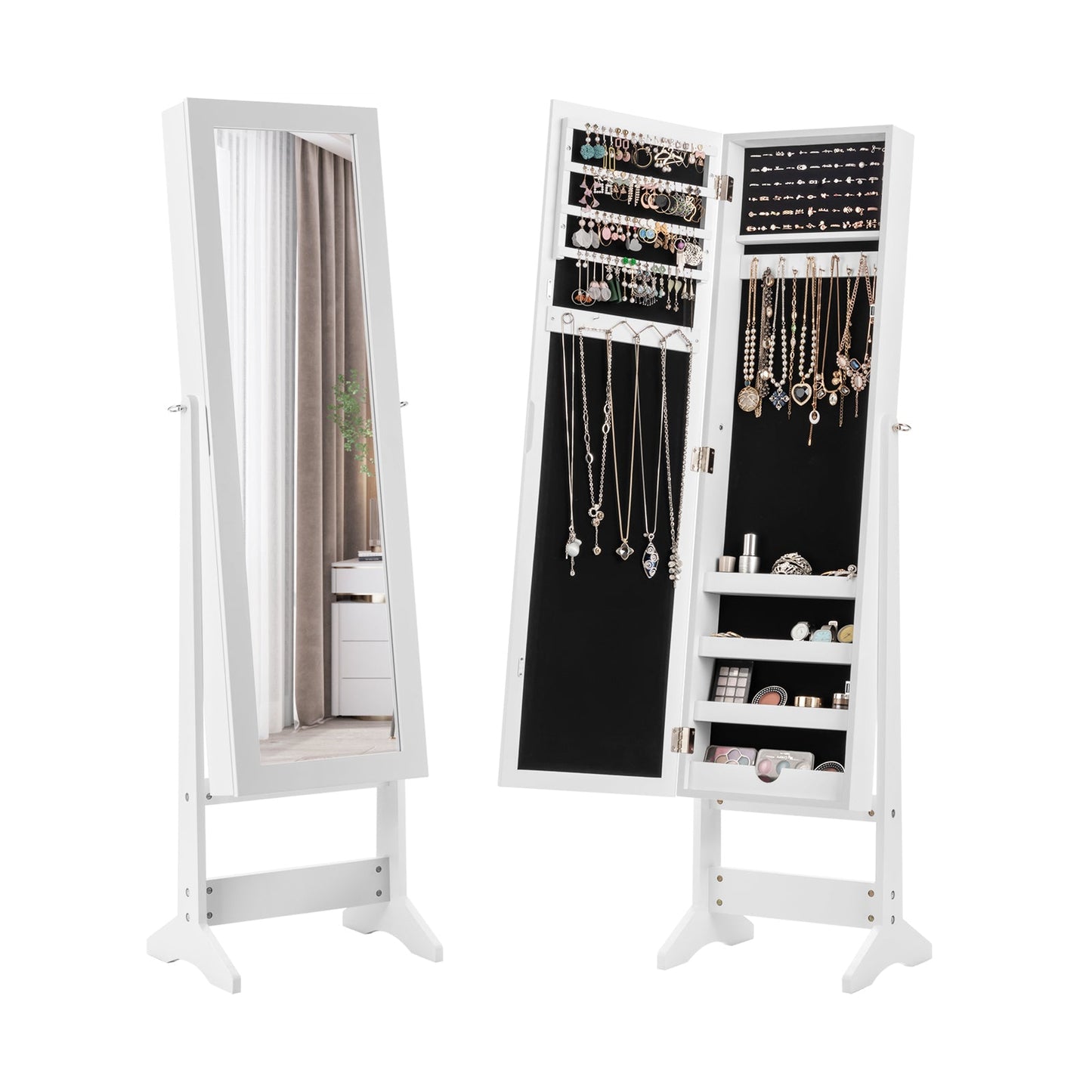 Mirrored Standing Jewelry Cabinet - Full Length Jewelry Armoire with Storage | White