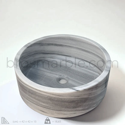 Marble Sink – Grey Stone Vessel Sink for Bathroom | Round Natural Marble Basin 16.5"x16.5"x6"