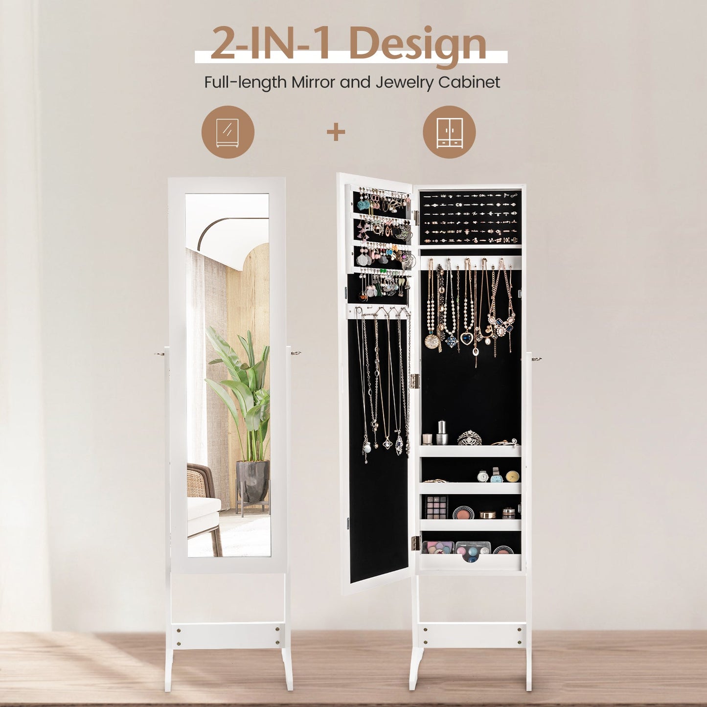 Mirrored Standing Jewelry Cabinet - Full Length Jewelry Armoire with Storage | White