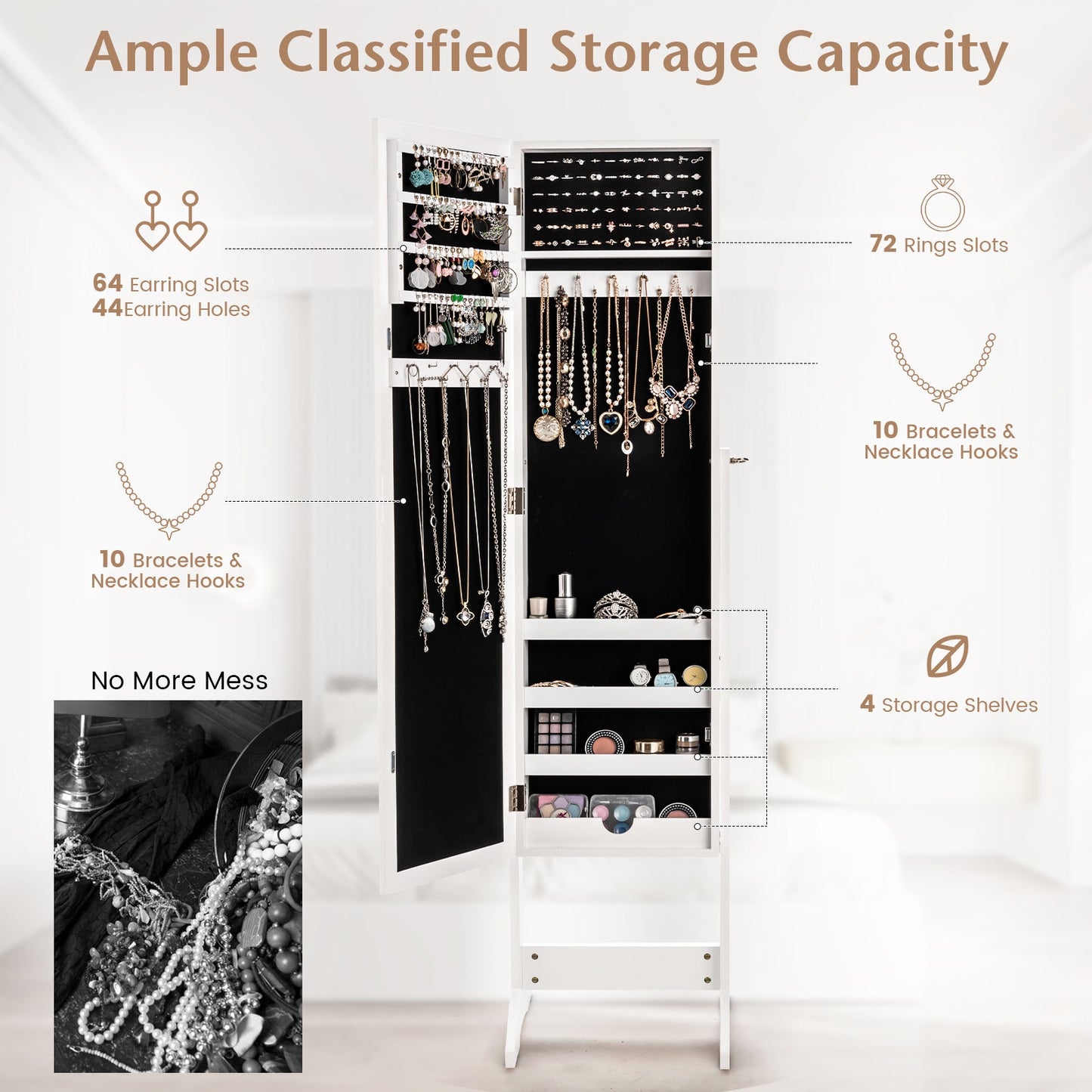 Mirrored Standing Jewelry Cabinet - Full Length Jewelry Armoire with Storage | White