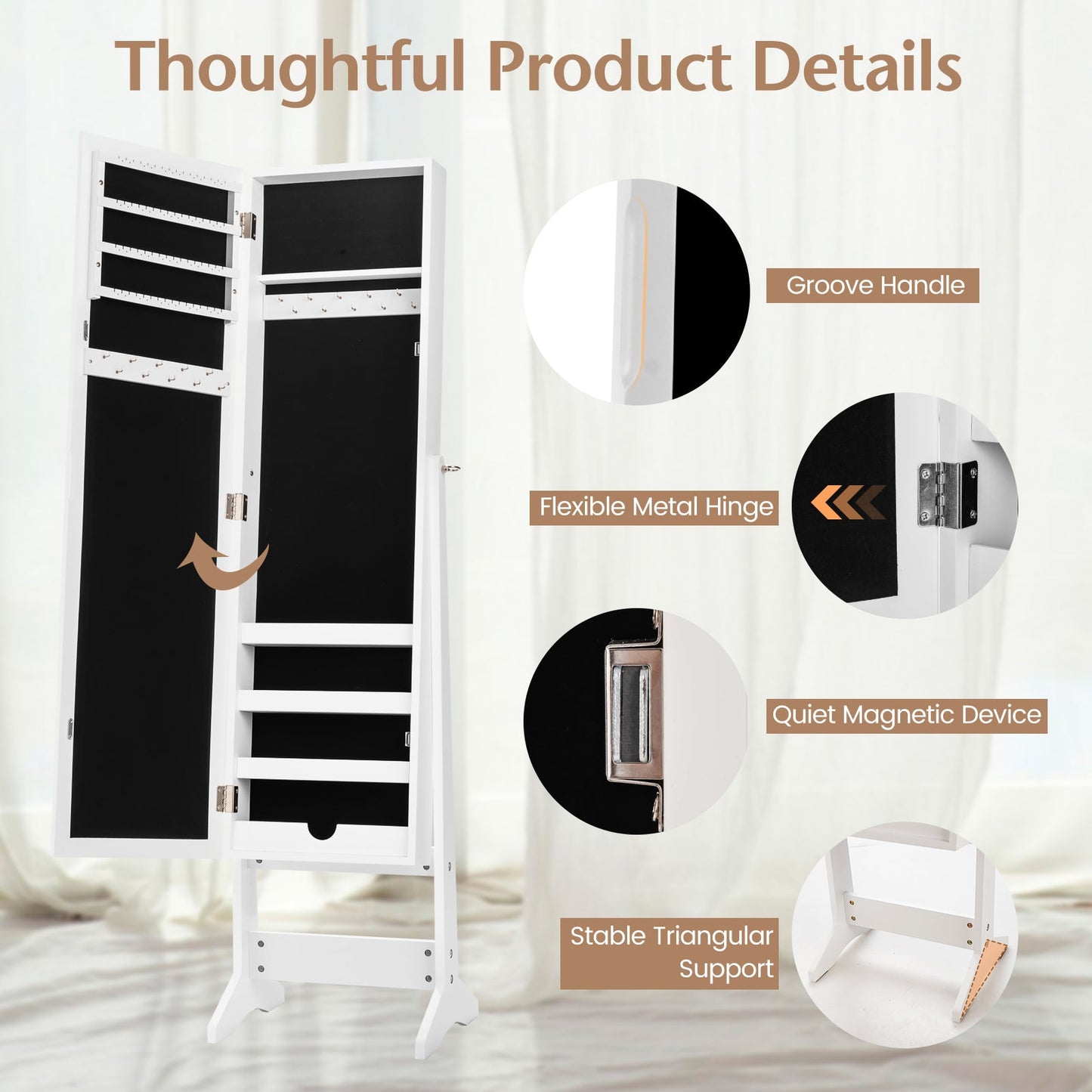 Mirrored Standing Jewelry Cabinet - Full Length Jewelry Armoire with Storage | White