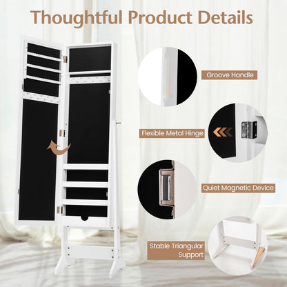 Mirrored Standing Jewelry Cabinet - Full Length Jewelry Armoire with Storage | White