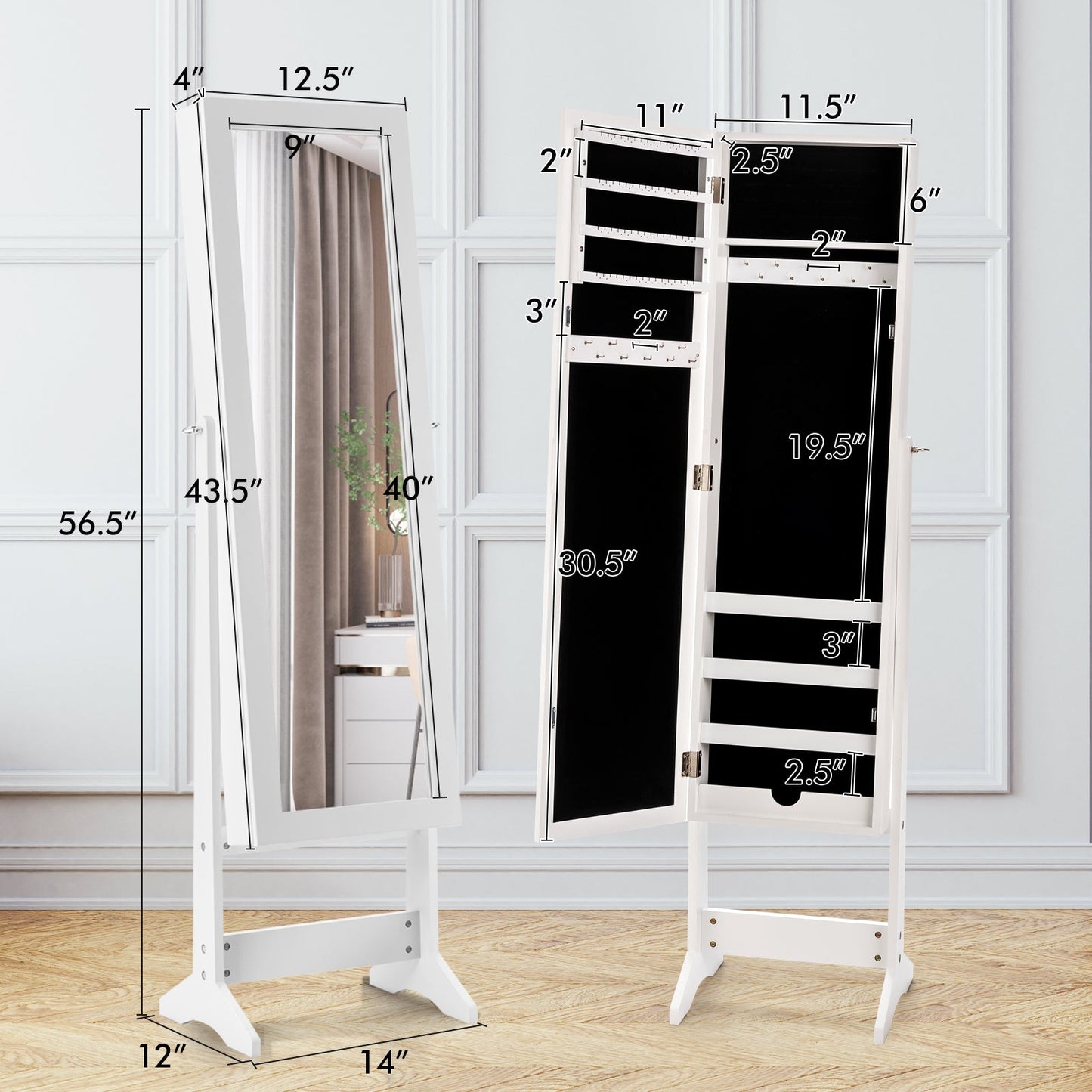 Mirrored Standing Jewelry Cabinet - Full Length Jewelry Armoire with Storage | White