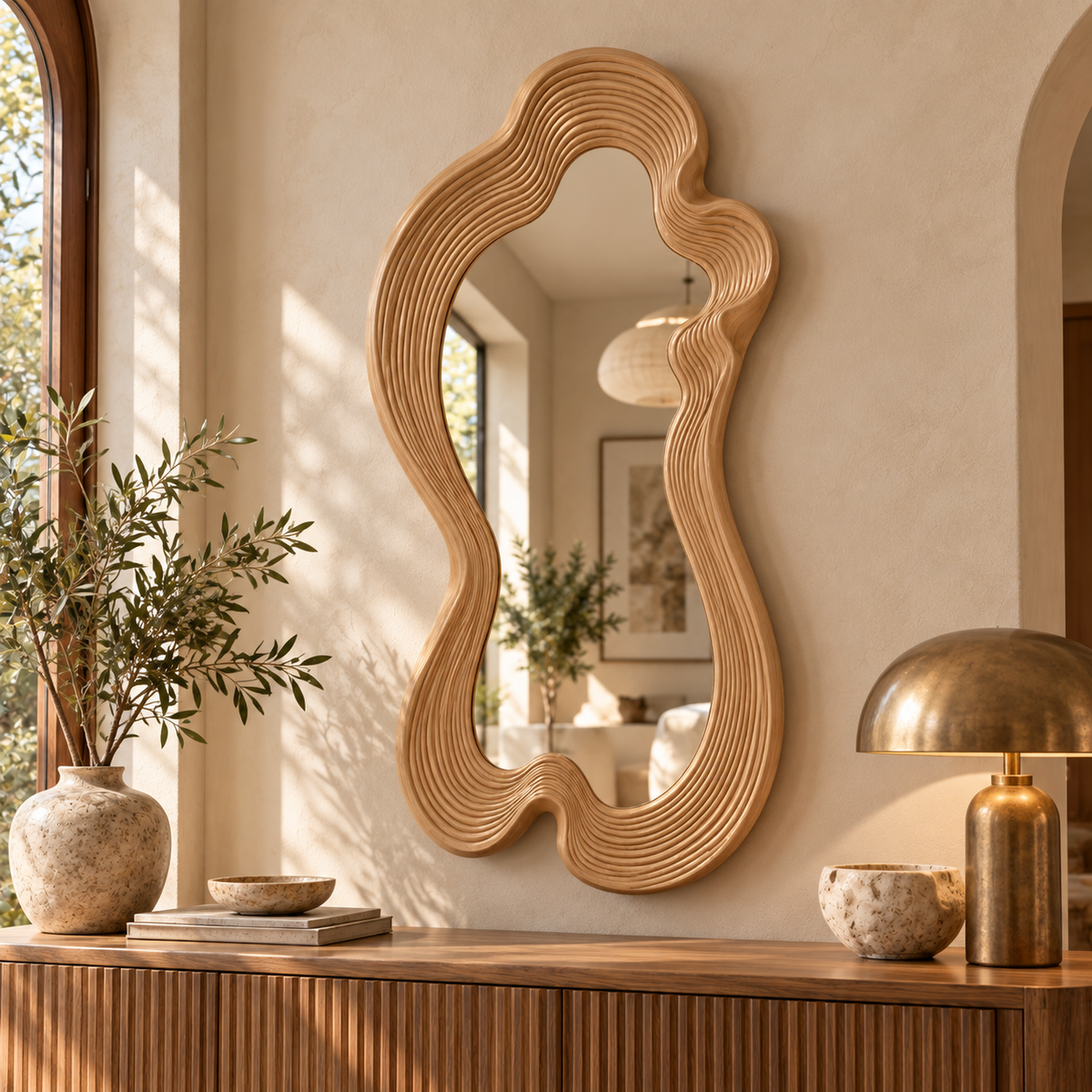 Linden Wood Wavy Mirror, Organic Full-Length Statement Wall Art