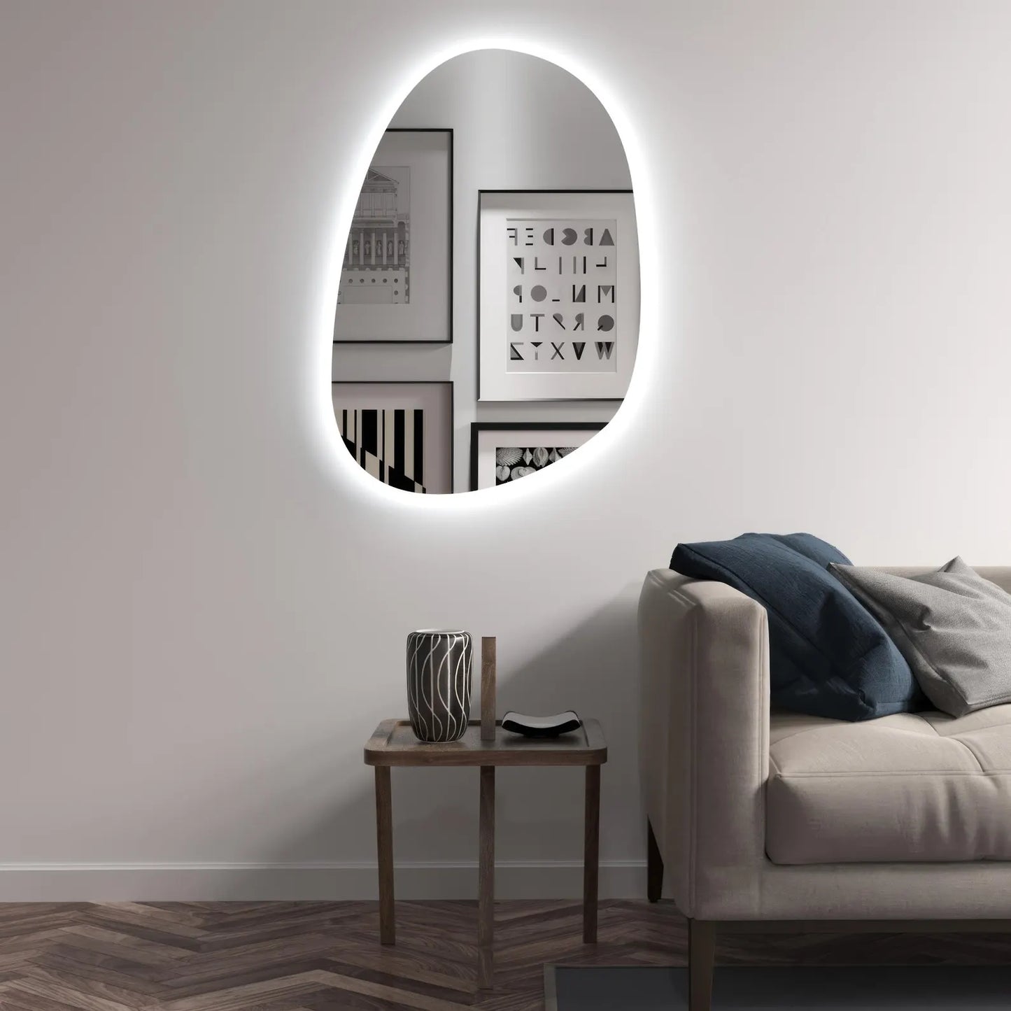 Modern LED Bathroom Mirror – Organic Asymmetrical Backlit Wall Mirror with Warm & Cool Light
