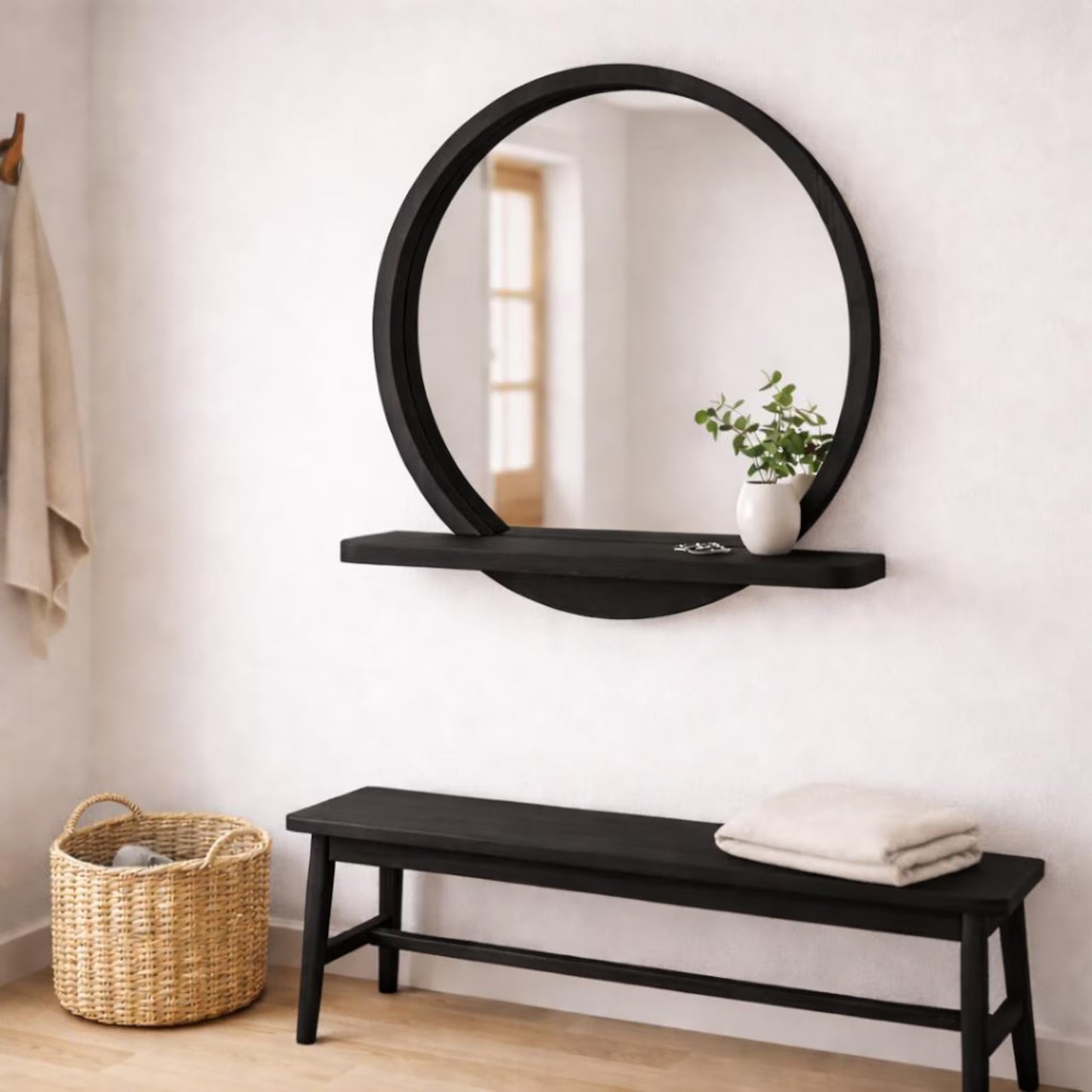 Solid Beech Wood Round Mirror with Shelf – Scandinavian Entryway Bathroom Mirror