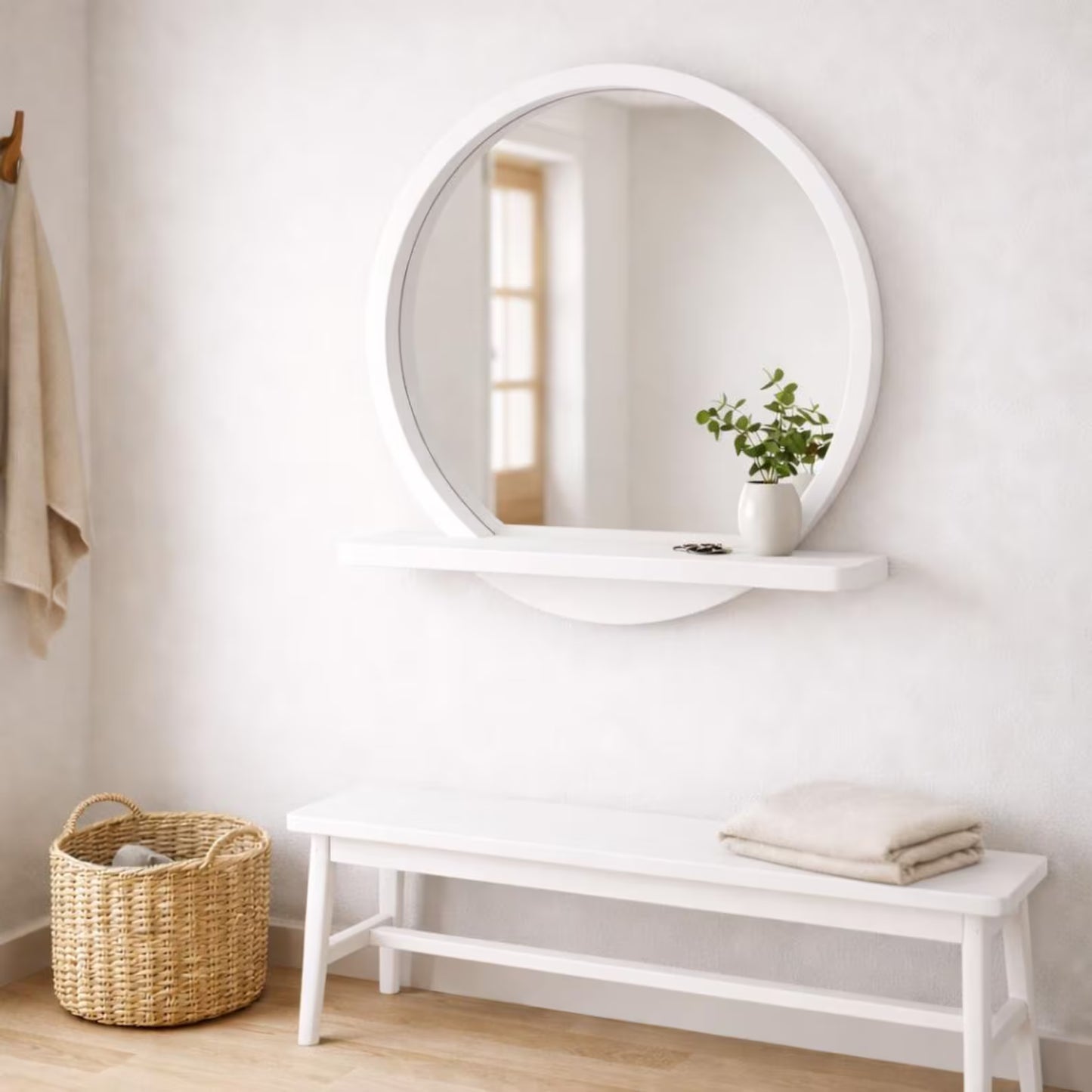 Solid Beech Wood Round Mirror with Shelf – Scandinavian Entryway Bathroom Mirror