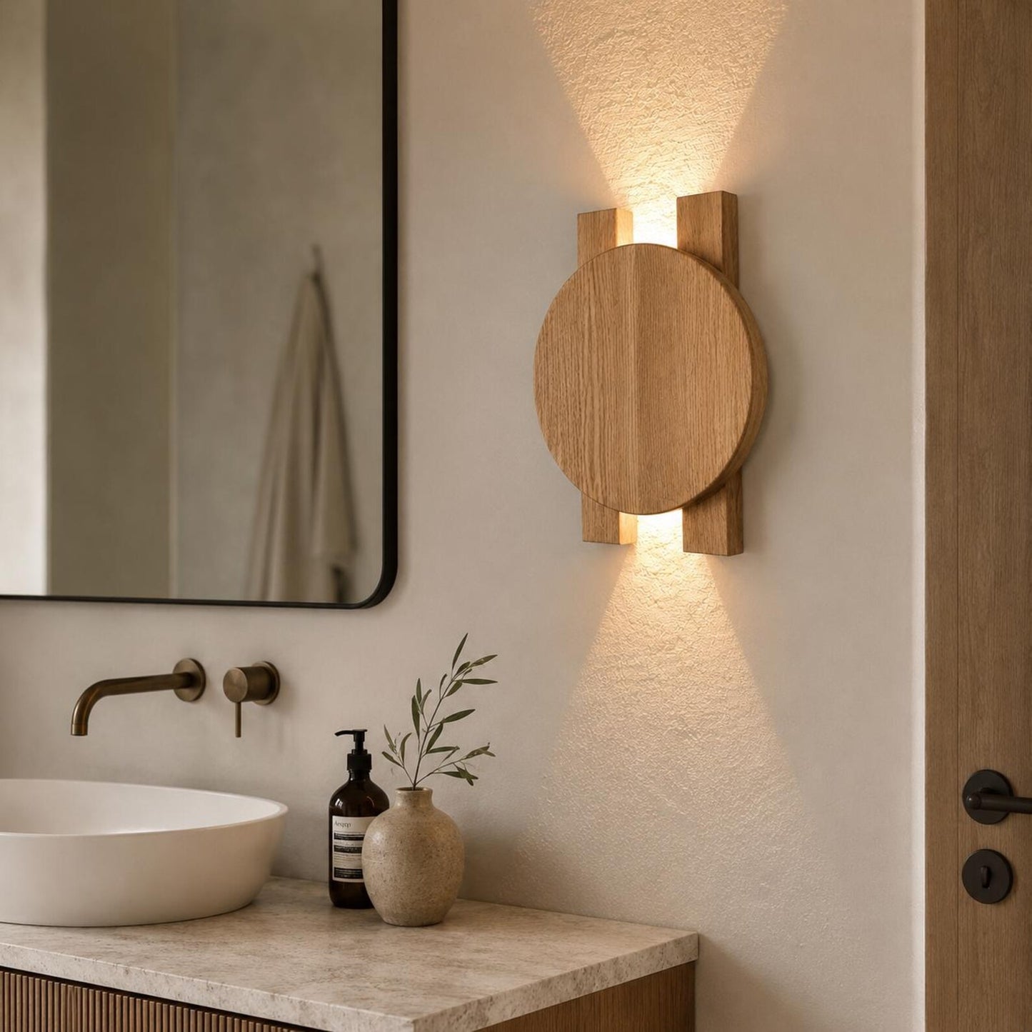 Wood Wall Sconce, Modern LED Accent Light, Round Wooden Wall Lamp