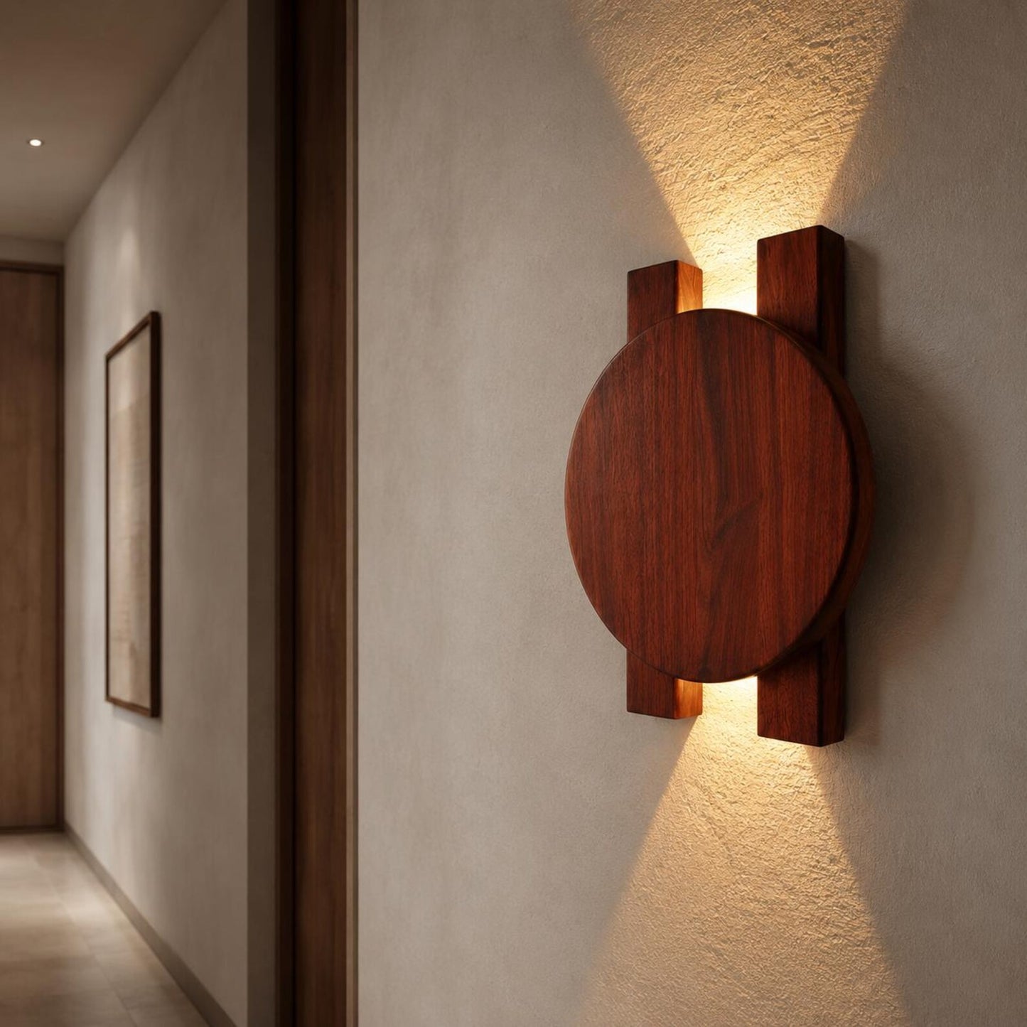 Wood Wall Sconce, Modern LED Accent Light, Round Wooden Wall Lamp