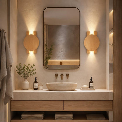 Wood Wall Sconce, Modern LED Accent Light, Round Wooden Wall Lamp