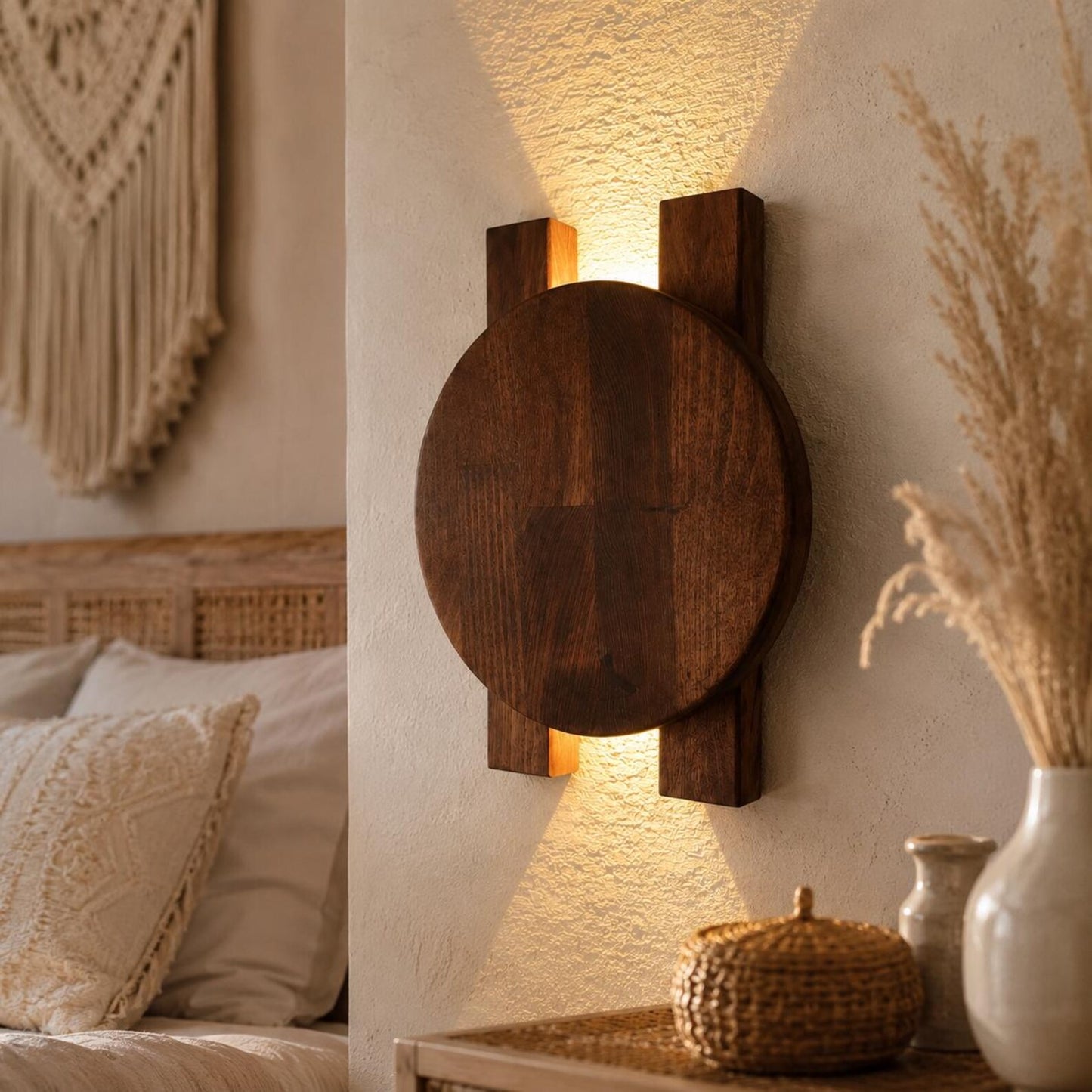 Wood Wall Sconce, Modern LED Accent Light, Round Wooden Wall Lamp