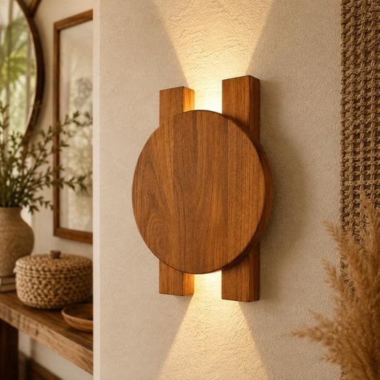 Wood Wall Sconce, Modern LED Accent Light, Round Wooden Wall Lamp