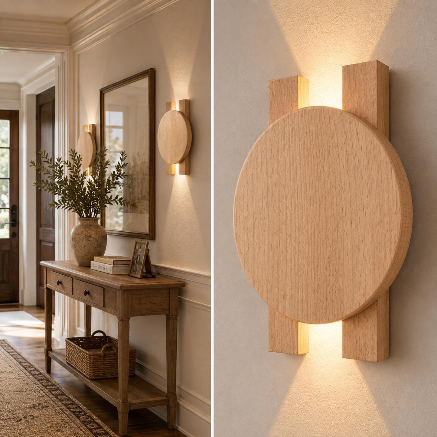 Wood Wall Sconce, Modern LED Accent Light, Round Wooden Wall Lamp
