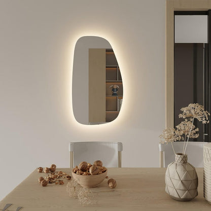 Modern LED Bathroom Mirror – Organic Asymmetrical Backlit Wall Mirror with Warm & Cool Light