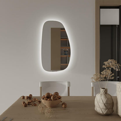 Modern LED Bathroom Mirror – Organic Asymmetrical Backlit Wall Mirror with Warm & Cool Light