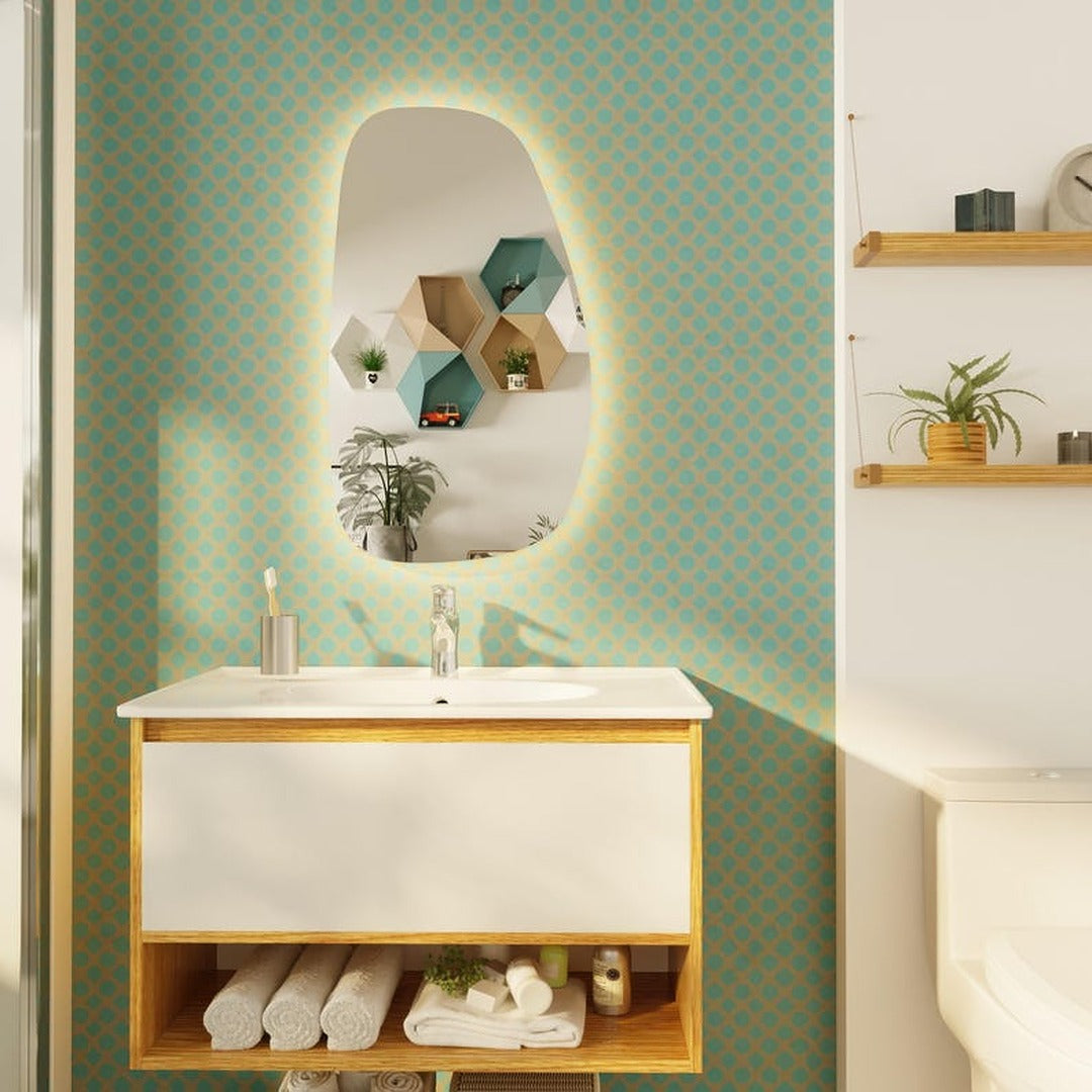 Modern LED Bathroom Mirror – Organic Asymmetrical Backlit Wall Mirror with Warm & Cool Light