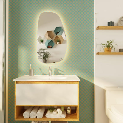 Modern LED Bathroom Mirror – Organic Asymmetrical Backlit Wall Mirror with Warm & Cool Light