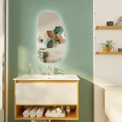 Modern LED Bathroom Mirror – Organic Asymmetrical Backlit Wall Mirror with Warm & Cool Light