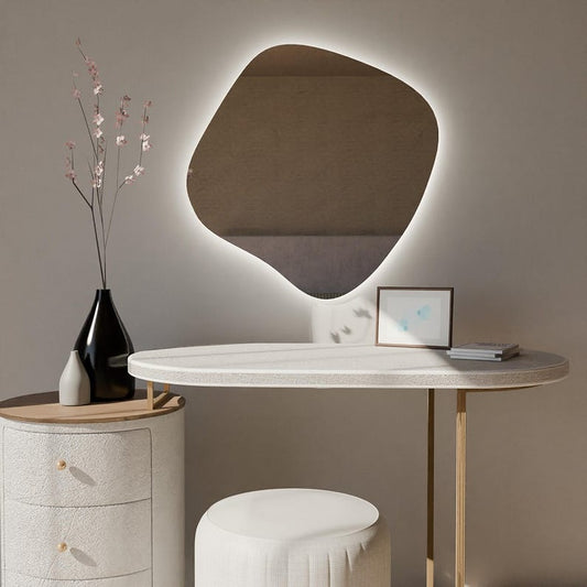 LED Bathroom Mirror – Modern Organic Shaped Lighted Vanity Mirror with Touch Sensor, Handmade Backlit Wall Mirror