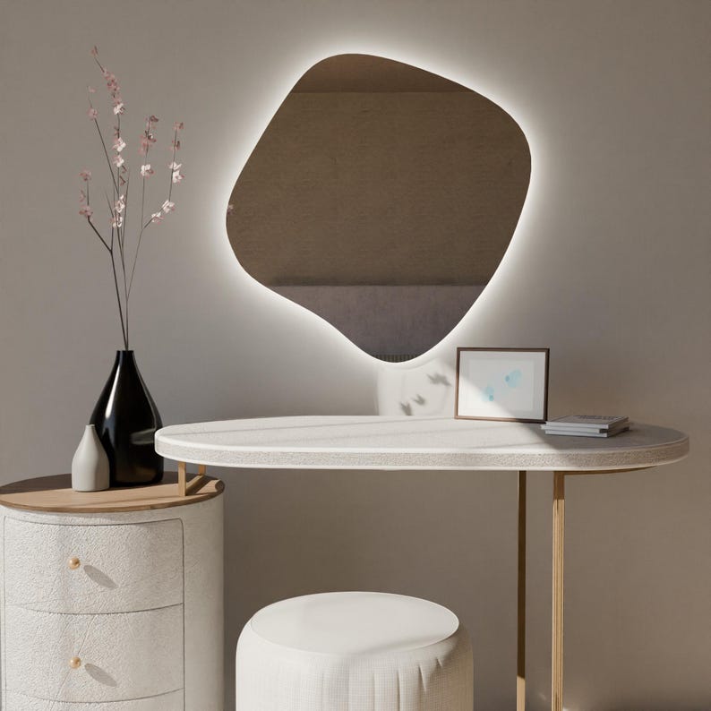 LED Bathroom Mirror – Modern Organic Shaped Lighted Vanity Mirror with Touch Sensor, Handmade Backlit Wall Mirror