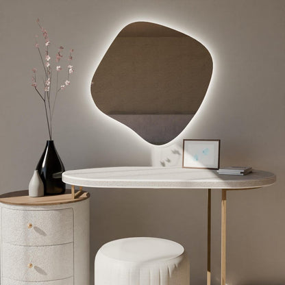 LED Bathroom Mirror – Modern Organic Shaped Lighted Vanity Mirror with Touch Sensor, Handmade Backlit Wall Mirror