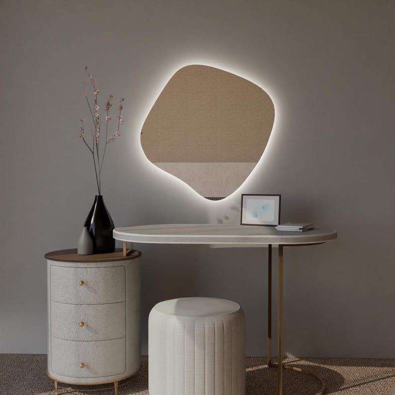 LED Bathroom Mirror – Modern Organic Shaped Lighted Vanity Mirror with Touch Sensor, Handmade Backlit Wall Mirror