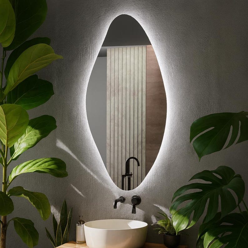 LED Bathroom Mirror – Modern Organic Oval Backlit Vanity Mirror with Touch Sensor