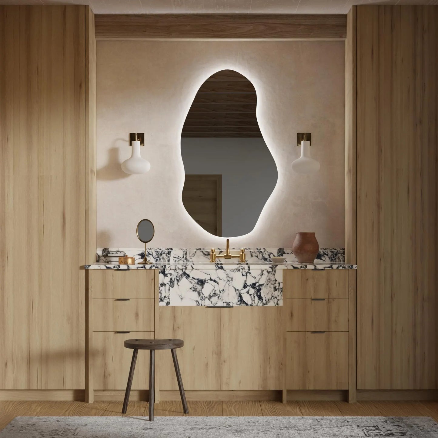 LED Bathroom Mirror – Irregular Organic Shaped Lighted Vanity Mirror with Touch Sensor