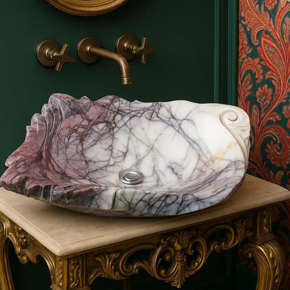 Luxury Natural Stone Bathroom Basin (40x55x14 cm), Handcrafted Purple Veined Vanity Sink