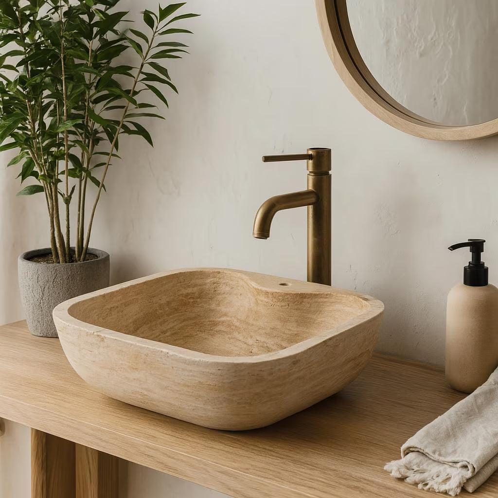 Travertine Stone Vessel Sink – Natural Marble Bathroom Basin (45x45x15 cm)