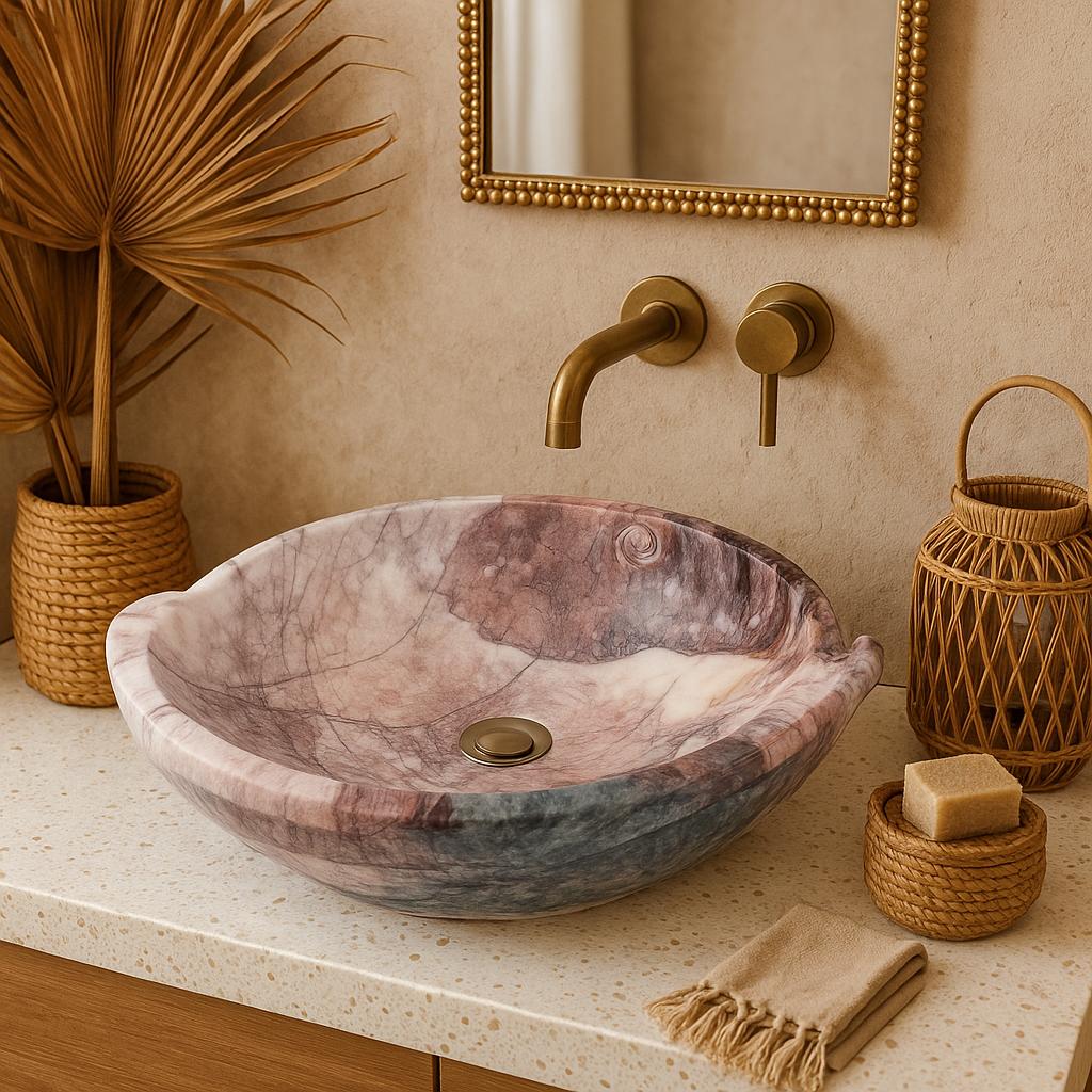 Luxury Marble Vessel Sink – Hand-Carved Natural Stone Bathroom Basin, Designer Vanity Bowl 25.6"x15.7"x5.5" (65x40x14 cm)