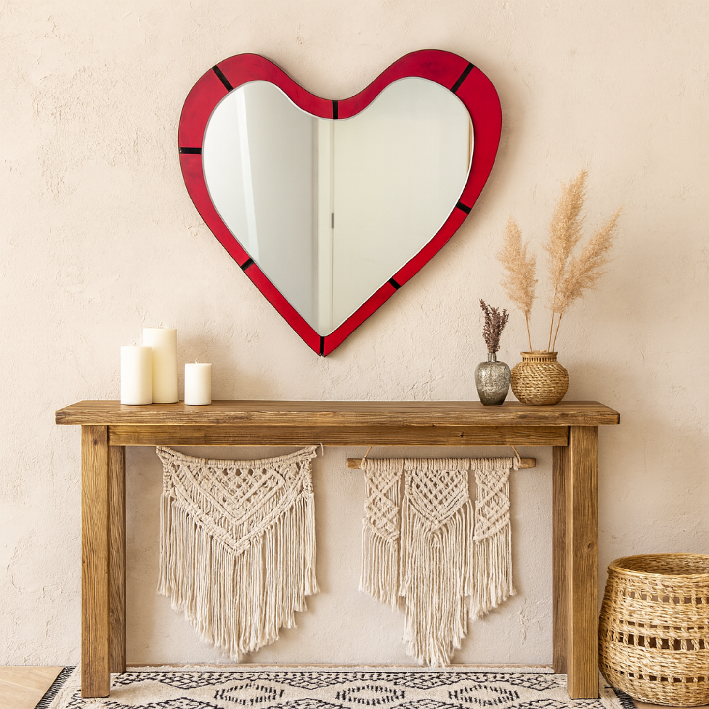 Heart Wall Mirror – Romantic Red wooden Frame Mirror Modern, Aesthetic Decorative Mirror for Bedroom & Living Room