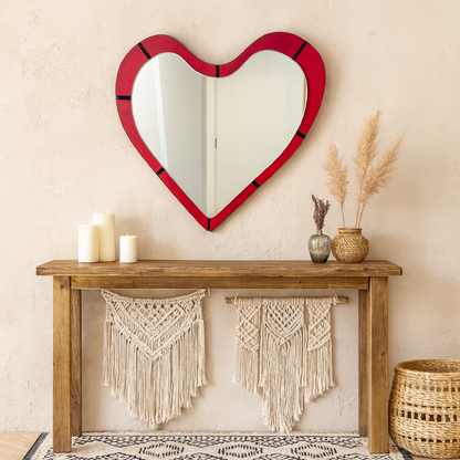 Heart Wall Mirror – Romantic Red wooden Frame Mirror Modern, Aesthetic Decorative Mirror for Bedroom & Living Room