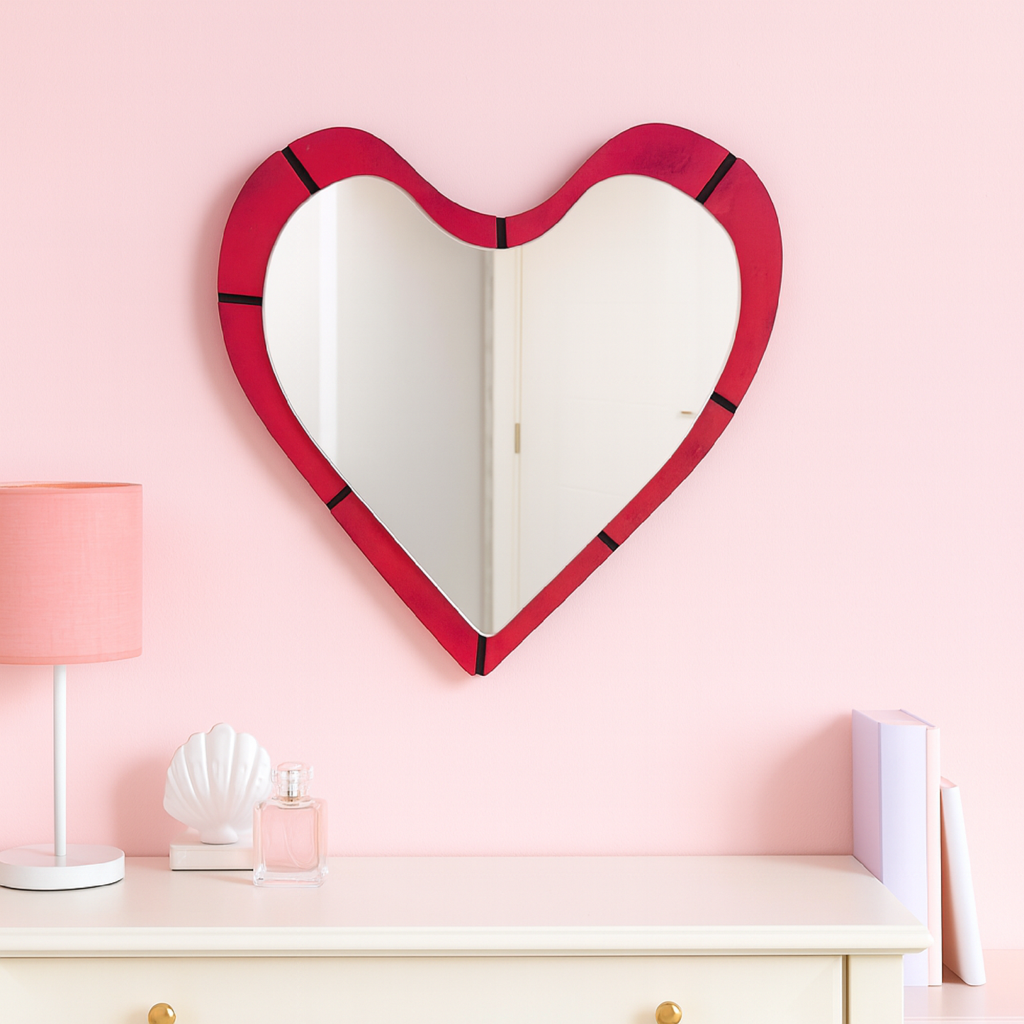 Heart Wall Mirror – Romantic Red wooden Frame Mirror Modern, Aesthetic Decorative Mirror for Bedroom & Living Room