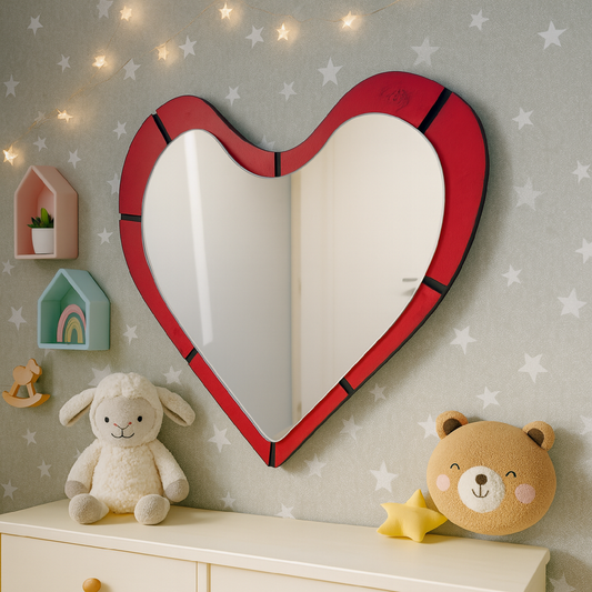 Heart Wall Mirror – Romantic Red wooden Frame Mirror Modern, Aesthetic Decorative Mirror for Bedroom & Living Room