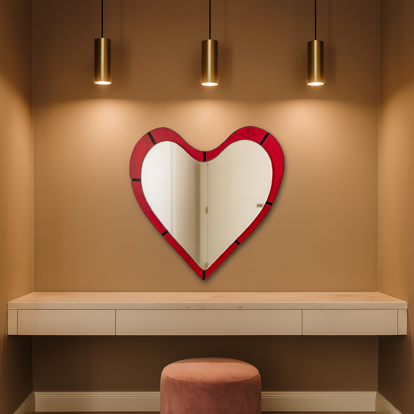 Heart Wall Mirror – Romantic Red wooden Frame Mirror Modern, Aesthetic Decorative Mirror for Bedroom & Living Room