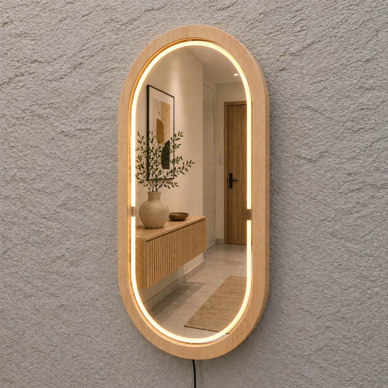 Handmade Beech Wood Framed LED Capsule Mirror Dimmable Lighted Wall Mirror