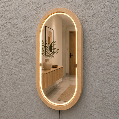 Handmade Beech Wood Framed LED Capsule Mirror Dimmable Lighted Wall Mirror