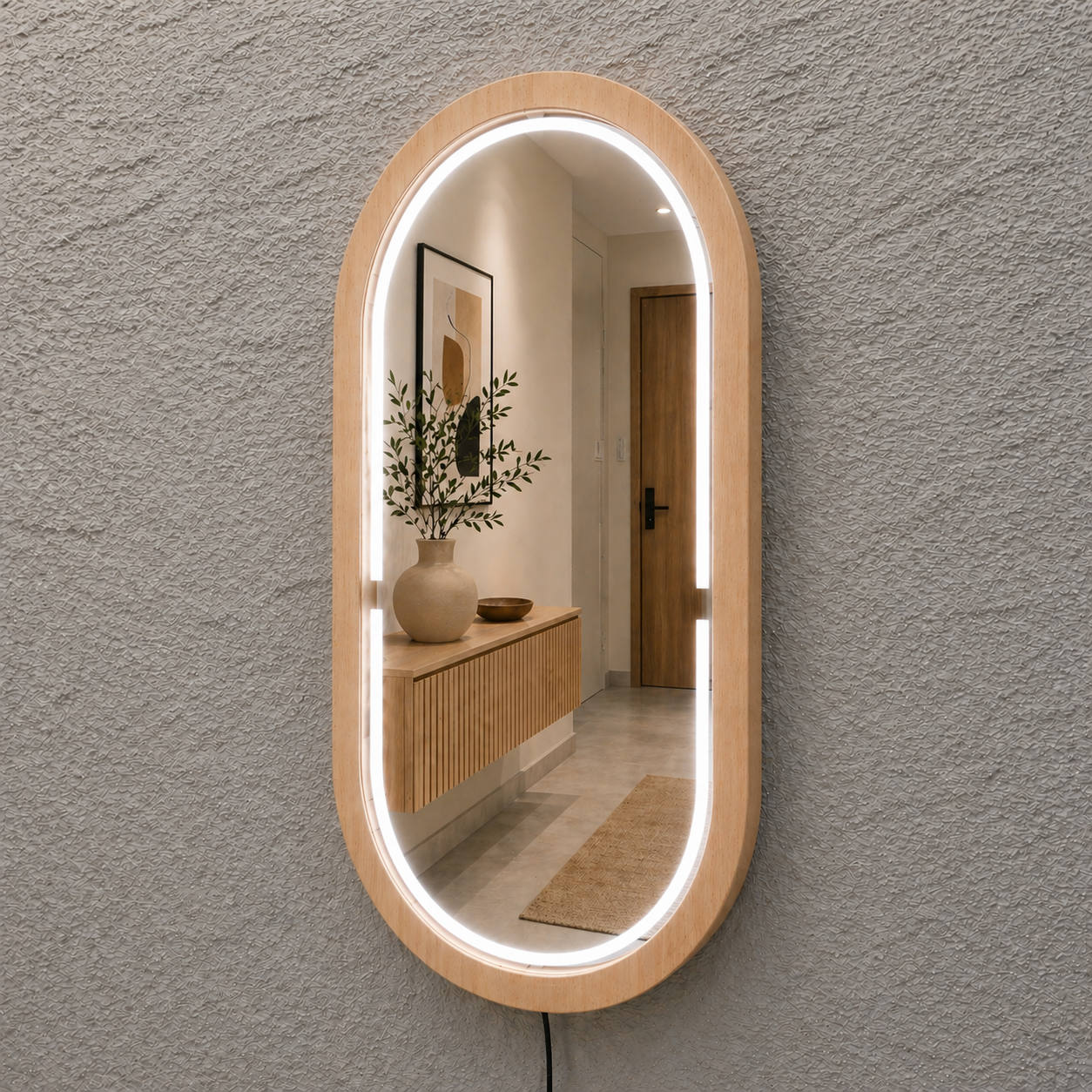 Handmade Beech Wood Framed LED Capsule Mirror Dimmable Lighted Wall Mirror
