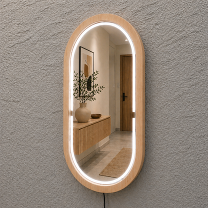 Handmade Beech Wood Framed LED Capsule Mirror Dimmable Lighted Wall Mirror