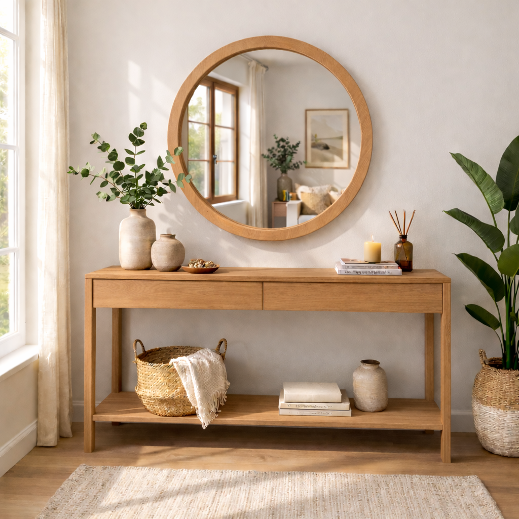Handmade Solid Wood Framed Round Mirror – Modern Scandinavian Wall Mirror