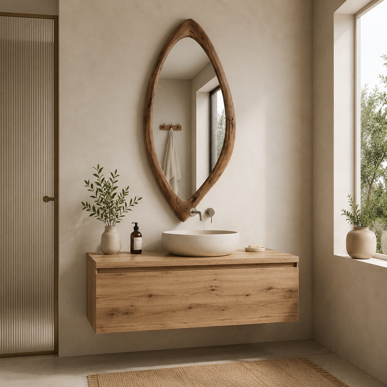 Organic Teardrop Wood Mirror, Solid Wood Wall Mirror, Asymmetrical Irregular Mirror, Walnut Mirror, Rustic Japandi Entryway Decor