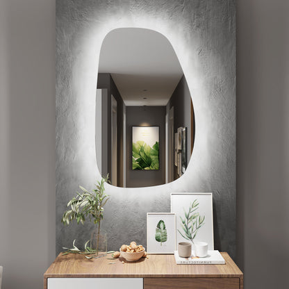 LED Bathroom Mirror Asymmetrical Design – Modern Backlit Wall Mirror with Dimmable Warm & Cool Light