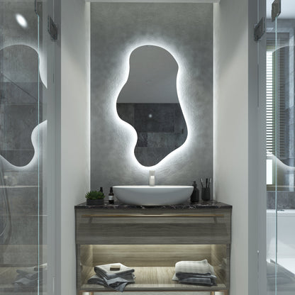 LED Bathroom Mirror Asymmetrical Shape – Modern Organic Backlit Wall Mirror with Warm & Cool Light
