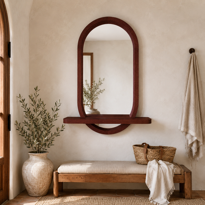 Capsule Wood Wall Mirror with Shelf, Modern Entryway and Vanity Mirror