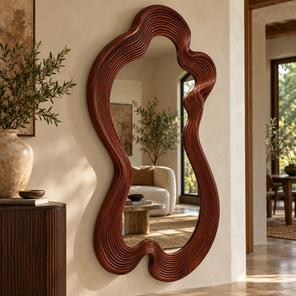 Linden Wood Wavy Mirror, Organic Full-Length Statement Wall Art